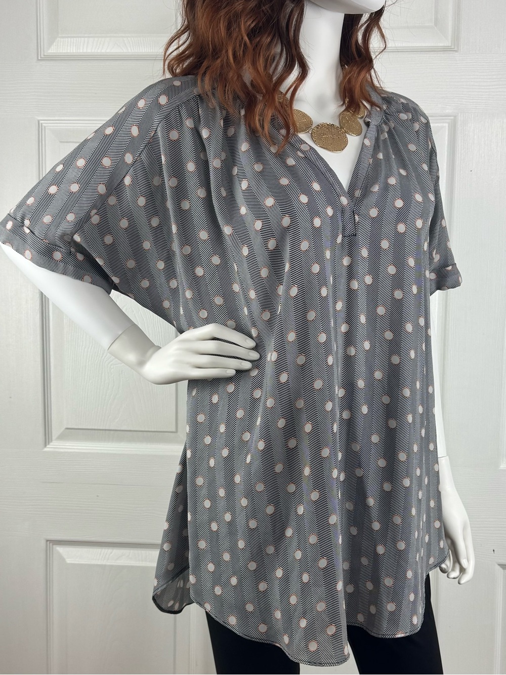 Worthington Gray Polka Dot V-Neck Tunic